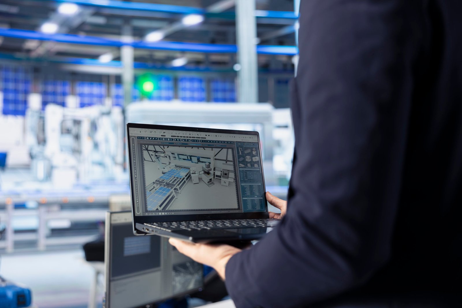 Engineer in photovoltaics factory using tracking software on laptop